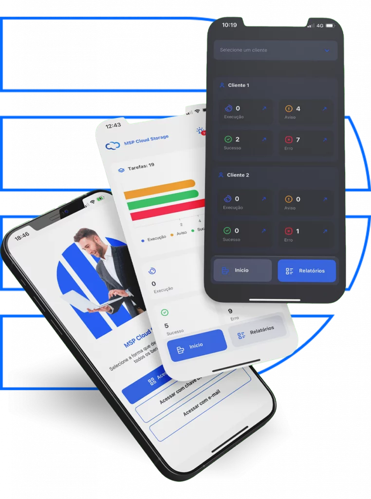 plicativo MSP Cloud Storage exibindo painel de controle e relatórios de backup na tela do celular